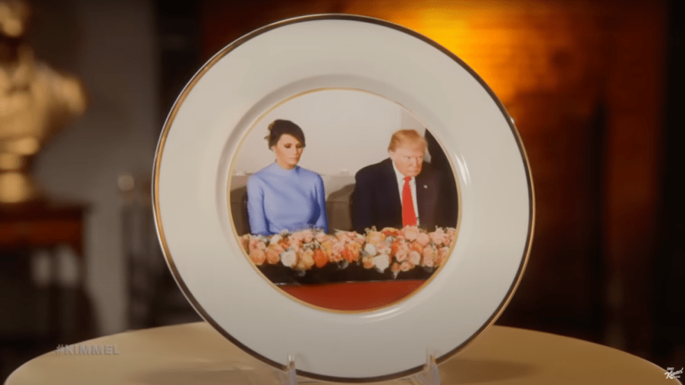 Jimmy Kimmel's "Donald & Melania 20th Trumpiversary China Collection" (Credit: ABC)